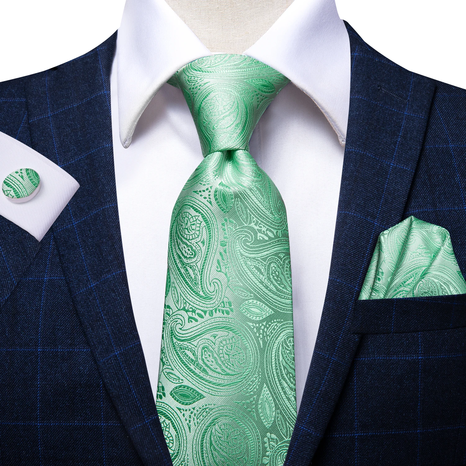 GIFT SET Green Paisley Mens Silk Tie Handkerchief Hanky Cufflinks GIFT SET 