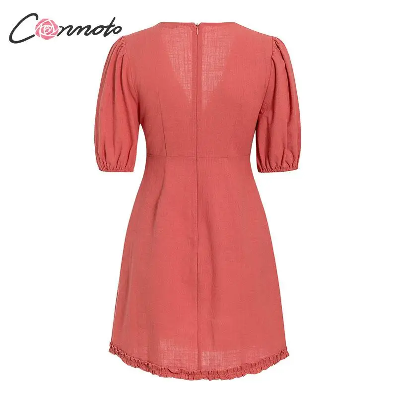 Conmoto Для женщин Красный V образным вырезом Короткие вечерние платья женские рюшами трапециевидной формы Фонари рукав мини платье дамы летние каникулы Vestidos
