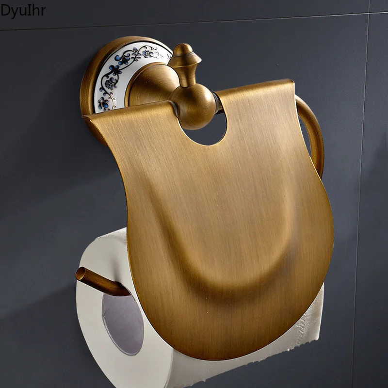 

European style antique hand-drawing bathroom hardware pendant brass large roll paper ceramic seat rack DyuIhr