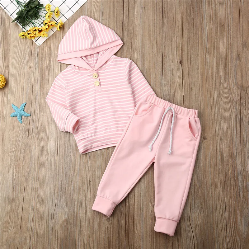 Infant Baby Girls Boys Autumn Winter Hoodies Top Long Pants Trousers Casual Stripe Cotton Outfit Set