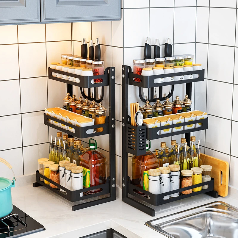

2/3 Layers Stainless Steel Kitchen Rack Spice Organizer Multi-function Wall Hanging Floor Knife Holder Storage Shelf Countertop
