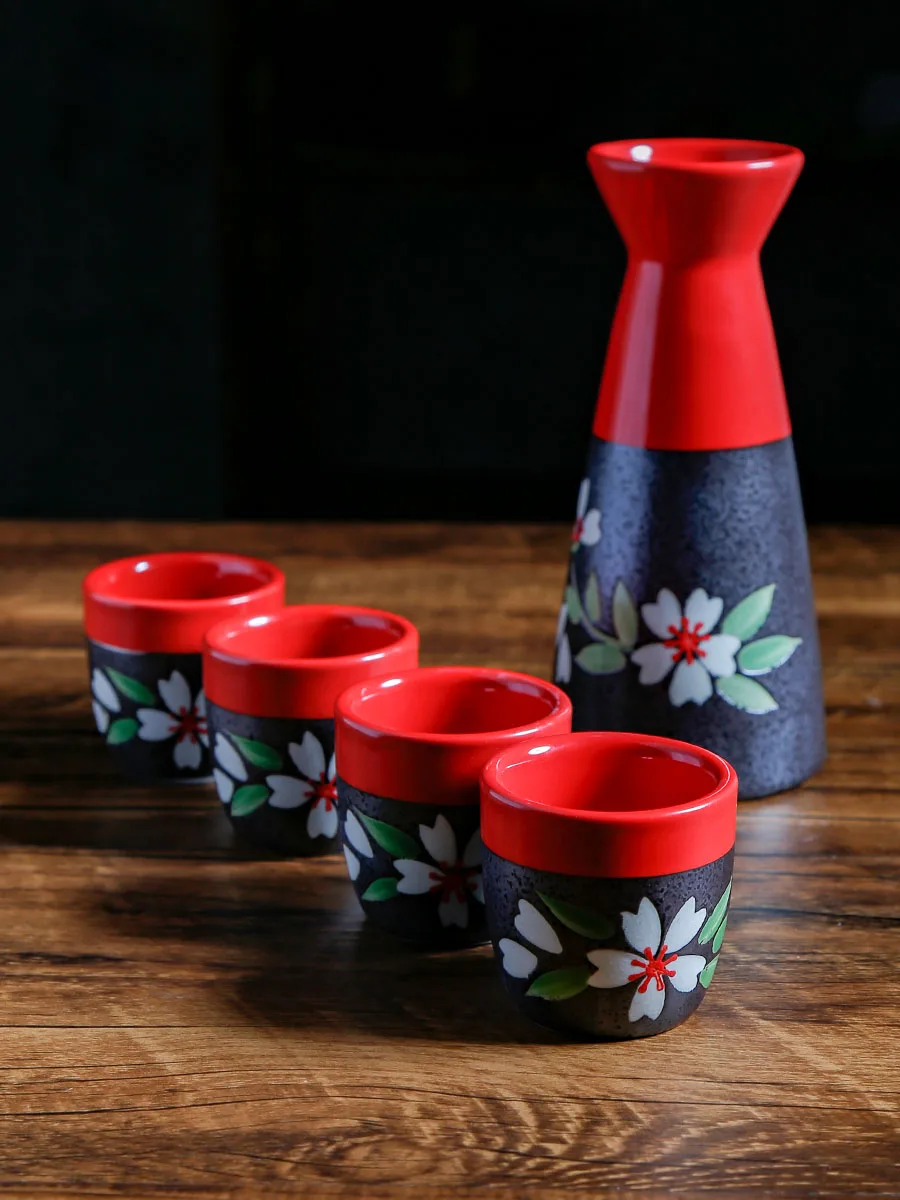 

Japanese Style Sake Pot Set Household Liquor Cup Shochu Green Plum Wine Ceramic Hand-painted Cherry Blossom Cup