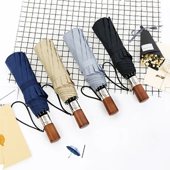 

Wooden Handle Solid Color Umbrella Sun Rain Dual-use Parasol Outdoor Fully Auto 10K Three Folding Umbrella Can Customize LOGO