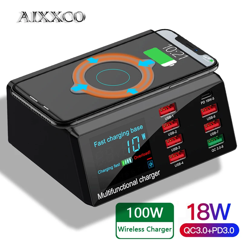 AIXXCO 100 Вт Беспроводное зарядное устройство USB док станция для 18 PD QC3.0 быстрой