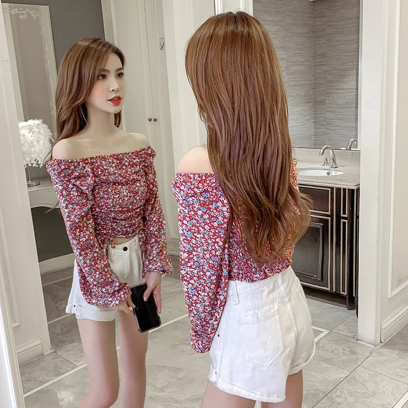 

Print Chiffon Shirt 2020 Spring Sweet Slash Neck Cropped Blouses Women Full Puff Sleeve Crop Tops For Girls