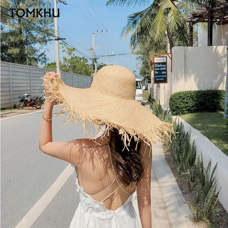 

Sun Caps For Holiday Handmade Women Straw Sun Hats Large Wide Brim Gilrs High Quality Natural Raffia Panama Beach Straw New 2020