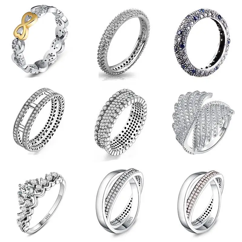 9 стилей, женские 925 пробы, серебряные кольца, ювелирные изделия, крылья, цветок, корона, двойные круги, стильные кольца для женщин, ювелирные изделия, 1 шт