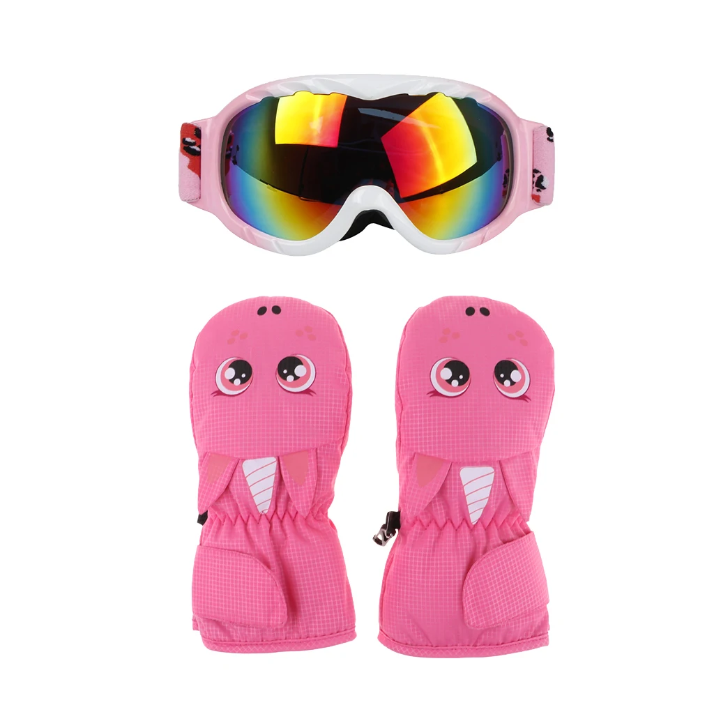 Детские зимние перчатки варежки для мальчиков и девочек лыжные снежные противотуманные очки розовые аксессуары для лыж детские лыжные очки лыжные варежки
