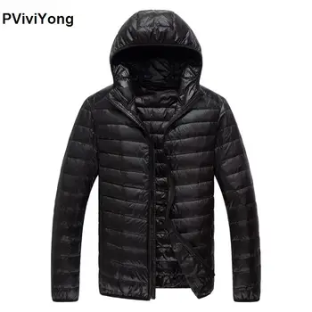

PViviYong 2019 Winter new high quality thin down jacket men's coat hooded White duck down jacket plus-size parkas 779