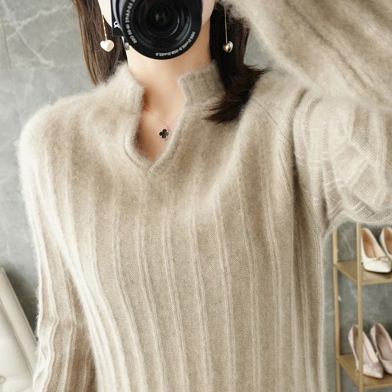 long cardigan RONGYI Spring Autumn New 100%Pure Wool Sweater Women V-Neck Striped Knit Large Size Pullovers Warm Button Cashmere Sweater Shirt christmas sweatshirt