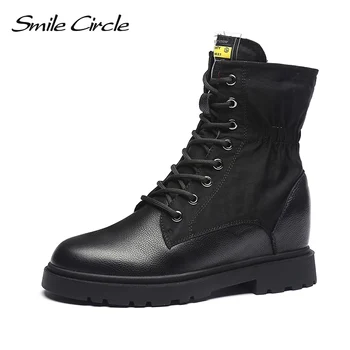 

Smile Circle Ankle boots Women Genuine Leather British style flat Platform Shoes Autumn Fashion Side zipper Ladies Booties