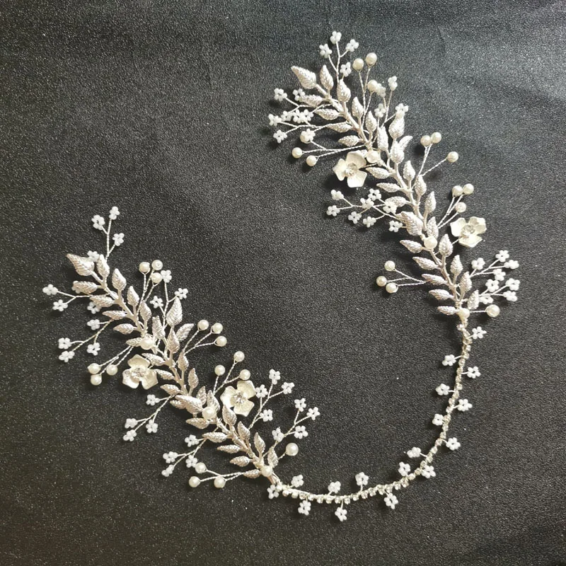 SLBRIDAL сделанные вручную серебряные прозрачные хрустальные стразы жемчуг листьев свадебное украшение на голову украшения для волос для свадебной прически аксессуары Для женщин ювелирные изделия