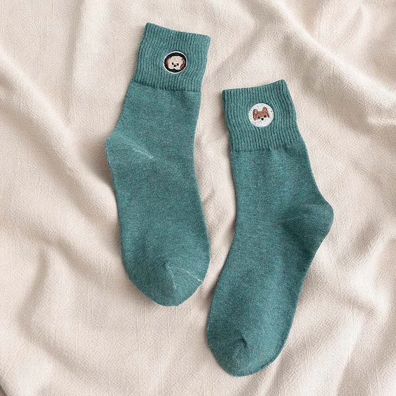 [Cospacool] Теплые забавные носки с вышивкой в виде мопса креативные милые носки в стиле Харадзюку с животными женские кальцитовые носки - Color: Green Socks