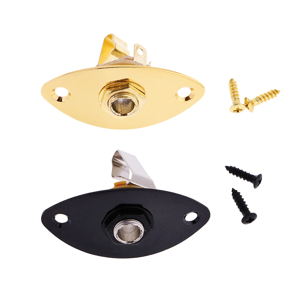 2 Pieces of Set Guitar Jack Plug Plate Electric Guitar Bass Oval Plug Socket with Mounting Screws Black+Golden
