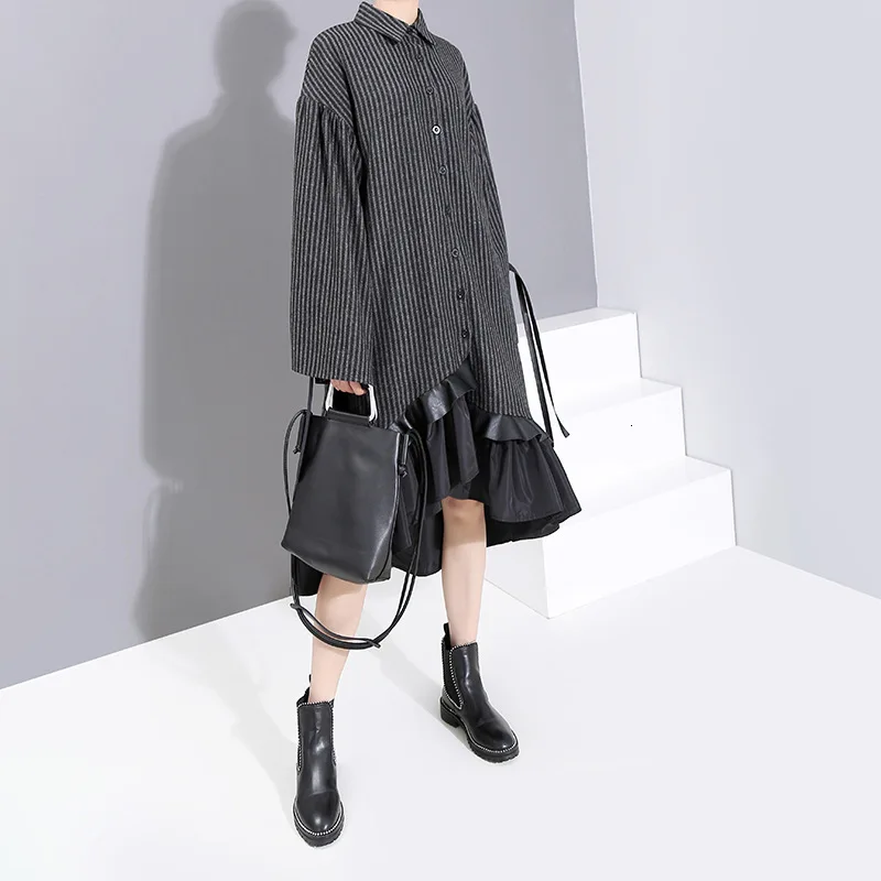 [EAM] женское платье в черную полоску, асимметричное, с оборками, новинка, с отворотом, с длинным рукавом, свободный крой, мода, весна-осень, 19A-a801
