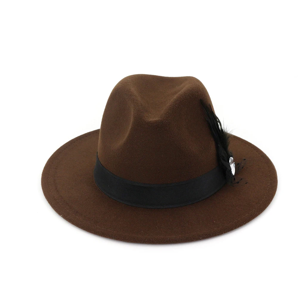 Модная мужская и женская шерстяная шляпа Fedora с пером широкая шляпа для взрослых шляпка для церкви Элегантная Дамская праздничный головной убор шляпа
