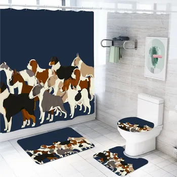 

3/4 Piece Animal Dog Shower Curtain Mat Set Lovely Dogs Waterproof Fabric Bath Curtain Toilet Lid Cover Rug Set Bathroom Set