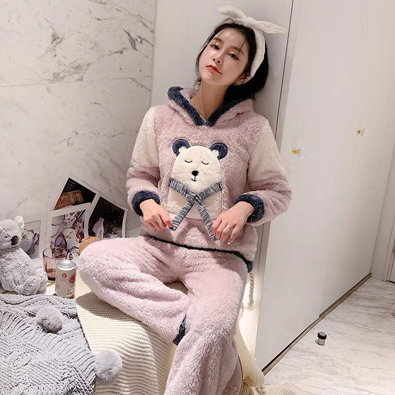 Pink Осенне-зимний коралловый флисовый утепленный Пижамный костюм с капюшоном милая мягкая Домашняя одежда с рисунком для девочек - Цвет: Pink