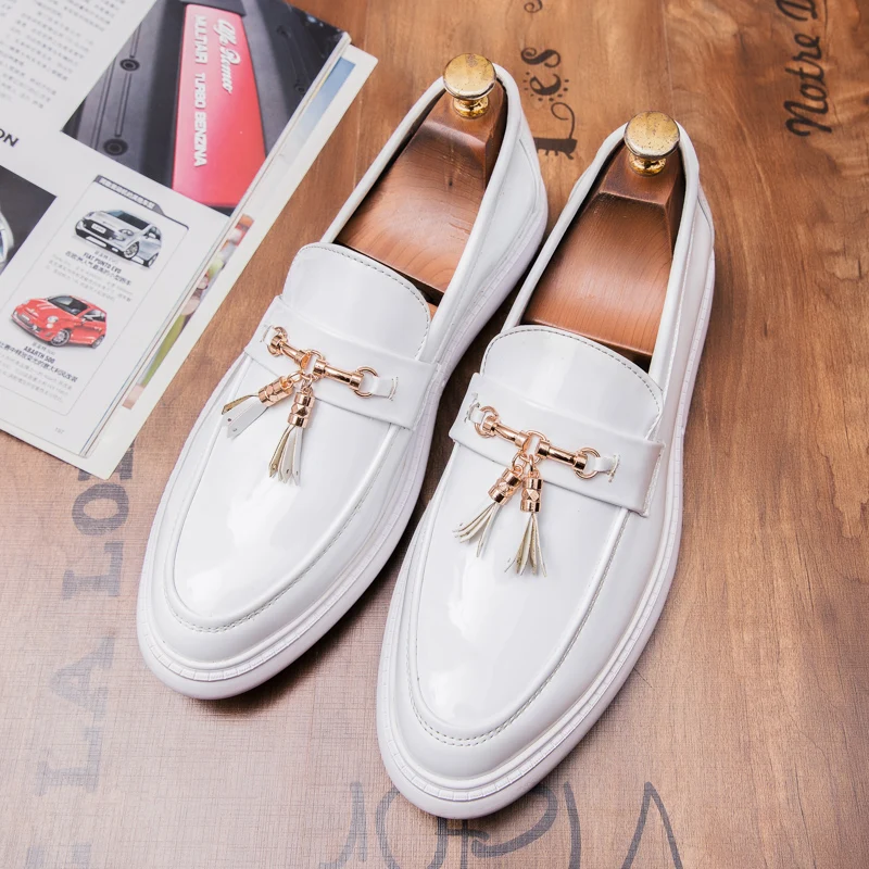 

mens casual business wedding formal dresses patent leather tassels shoes slip-on lazy oxfords shoe black white loafers sapatos