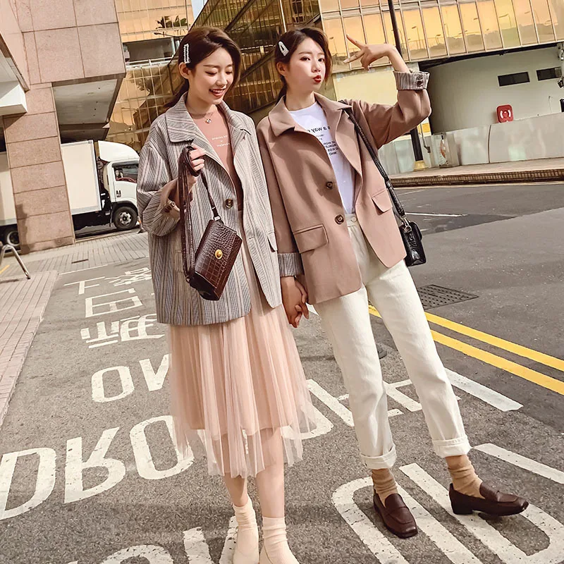 

201919 Spring Korean-style Loose-Fit Plaid Small Suit Cuff Contrast Colors Sisters Outfit Suit Coat Women's Elegant F62