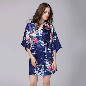

Ladies Bathrobe Summer Middle Sleeve Peacock Silk Nightgown Robe Satin Sexy Floral Bathrobe Short Nightwear Women Pajamas Kimono
