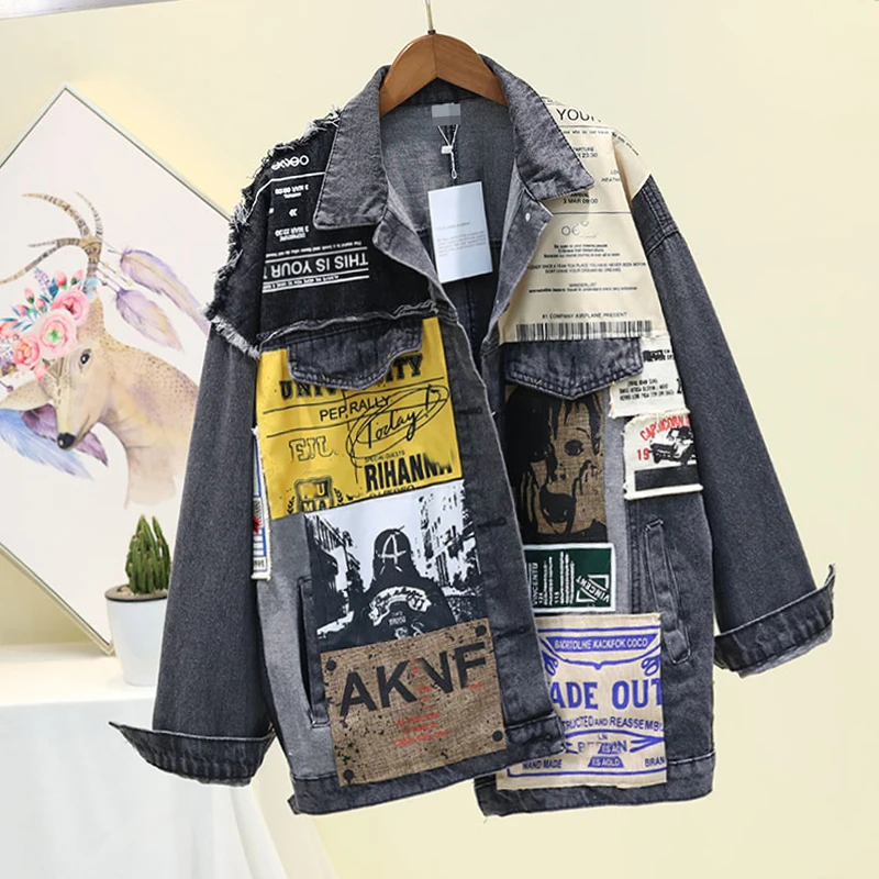 remarkable  2019 Autumn Black Denim Jacket for Women Asymmetrical Loose Splicing Washing Cowboy Jean Coat Femme