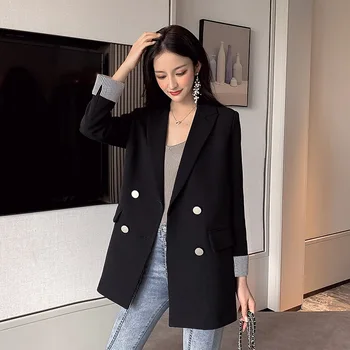 

Spring Autumn Black Blazers Women Double Breasted Casual Jacket Blazer Feminino Mujer Femme