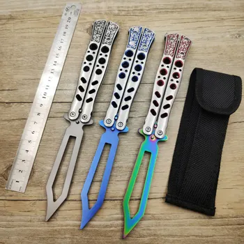 

Dropship All Stainless Steel Training Butterfly In Knife Carved Steel Handle Folding Knife With Nylon Bag Safe Toy As A Gift