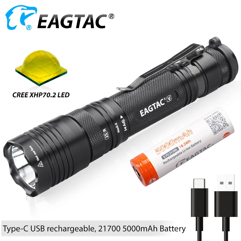 EAGTAC T25V светодиодный фонарик USB-C USB Перезаряжаемый 21700 5000 мАч аккумулятор