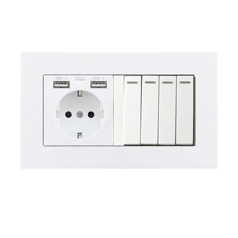 4 Gang Atlectric DE EU RU Plug Socket 1 2 3 4 Gang 1 2 Way Button Light Switch Dual USB Port Plastic Panel Double Socket 146mm - Тип: 4 Gang