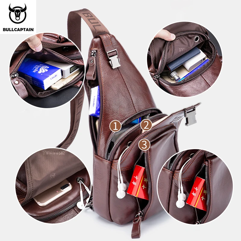Men's Genuine Leather Chest Pack Chest Bag Men Multifunctional Headphone Jack Bages Casual Messenger Bags mens messenger bag