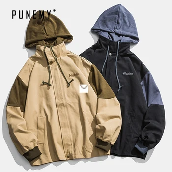 

Retro Harajuku Men Jackets Coats Hooded Hip Hop Streetwear Oversize Cotton Zipper Patchwork Autumn New Man's Jackets Coats