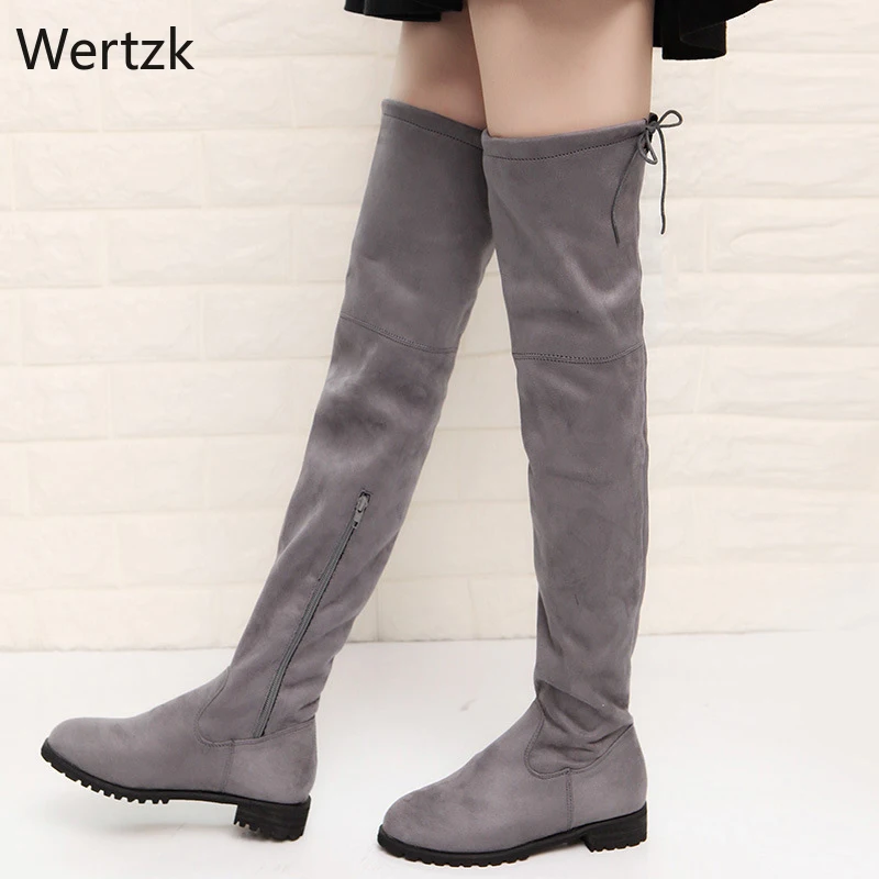 

Autumn Women Boots Thigh High Suede Zipper Female Low Heels Lace Up Over The Knee Boots Fashion Ladies Shoes Plus Size 43 A450