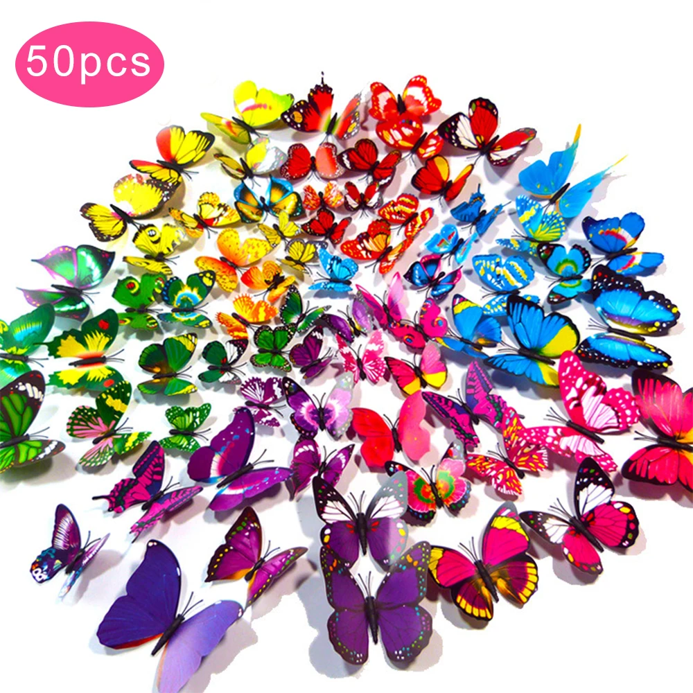 Random 50PCS 3D Simulation Butterfly Sticker Home Decoration Refrigerator Wall Stickers Wedding Party Fake | Дом и сад