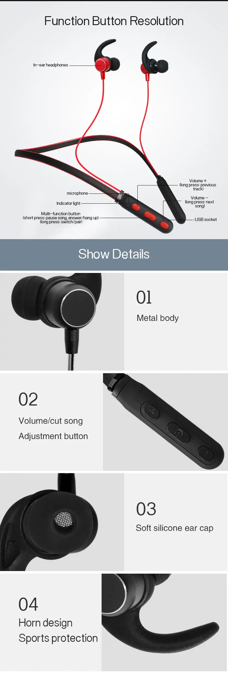 Caridite Popular Neck Bluetooth Earphone Ture Stereo Wireless Fitness Headset Tiktok Gril Gift Sport Neckband Headphone Earphone