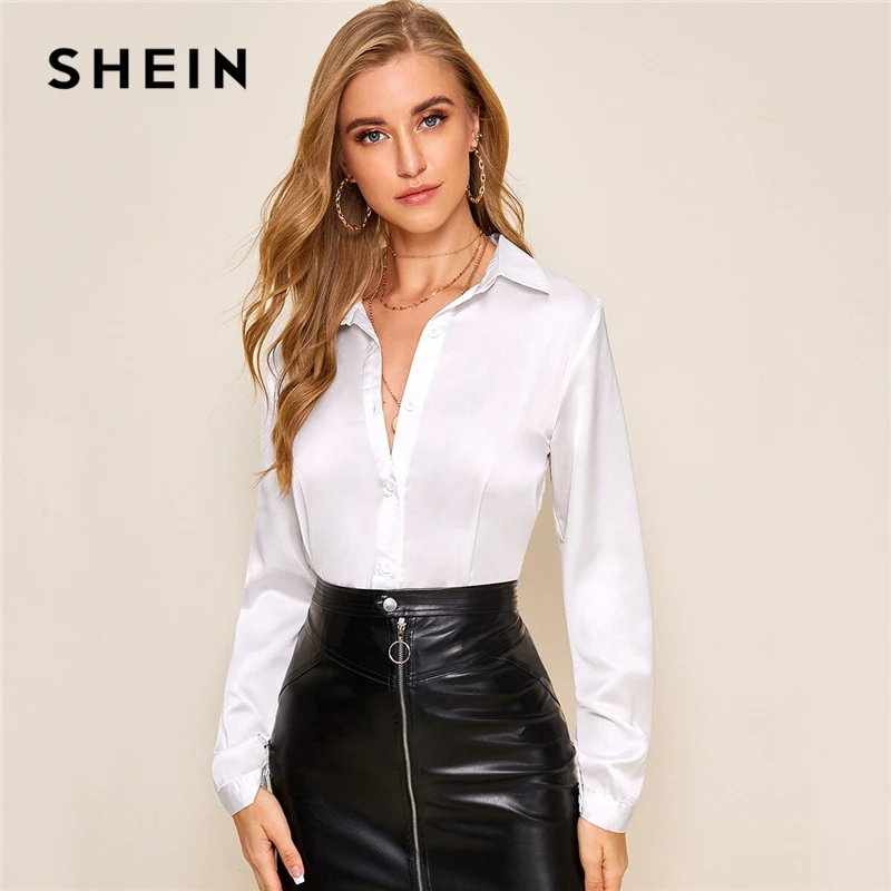  SHEIN White Solid Button Front Satin Shirt Blouse Spring Autumn Long Sleeve Office Ladies Elegant T