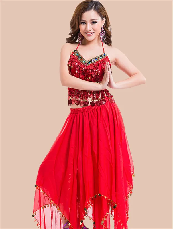 Индийский танец Костюмы Болливуд платье сари танцевальная одежда Для женщин/детский набор костюма для танца живота 3 шт./компл.(топ+ юбка+ вуаль - Цвет: Red