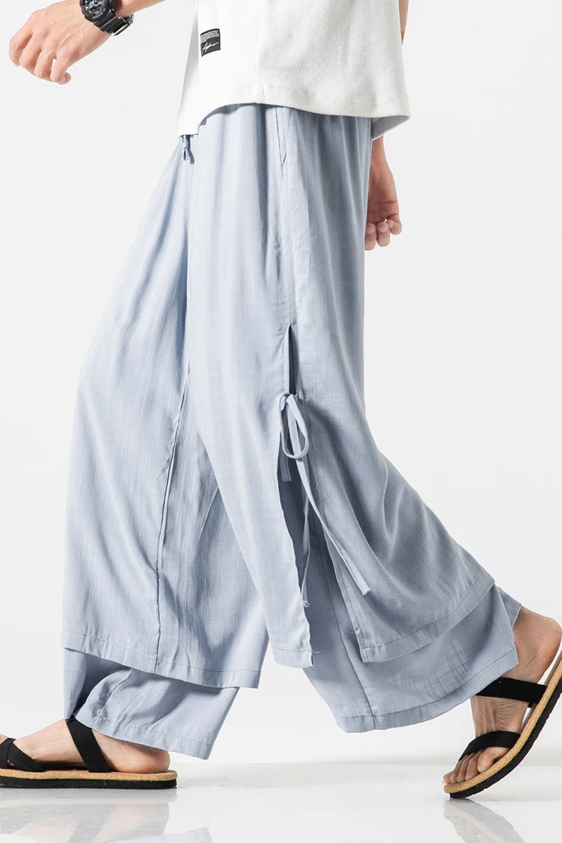 Men Linen Harem Pants Men Breathable Solid Color Irregular Wide Leg Pants Male Street White HanFu Kongfu Skirt Trousers 5XL 6