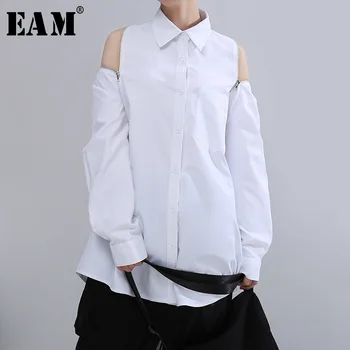 

[EAM] Women Back Zipper Hollow Out Big Size Blouse New Lapel Long Sleeve Loose Fit Shirt Fashion Tide Spring Autumn 2020 1T351