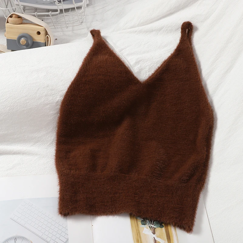 silk camisole Pearl Diary Women Summer Solid Fuzzy Knitted Crop Tops V Neck Fluffy Plain Camis Straps Sexy Cosy Cropped Tops Korean Styles half bra Tanks & Camis