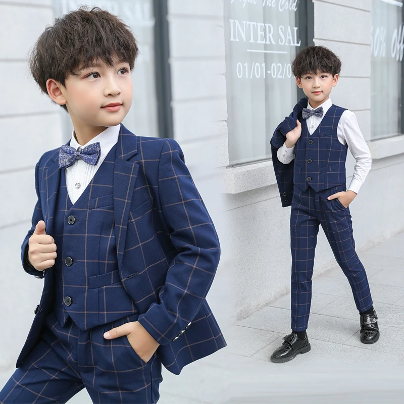 

Brand Kids Boy Plaid Suits Set Teenages Formal Wedding Tuxedo Dress Costume Blazer Vest Pants Costume Outfits Boys Clothing Set
