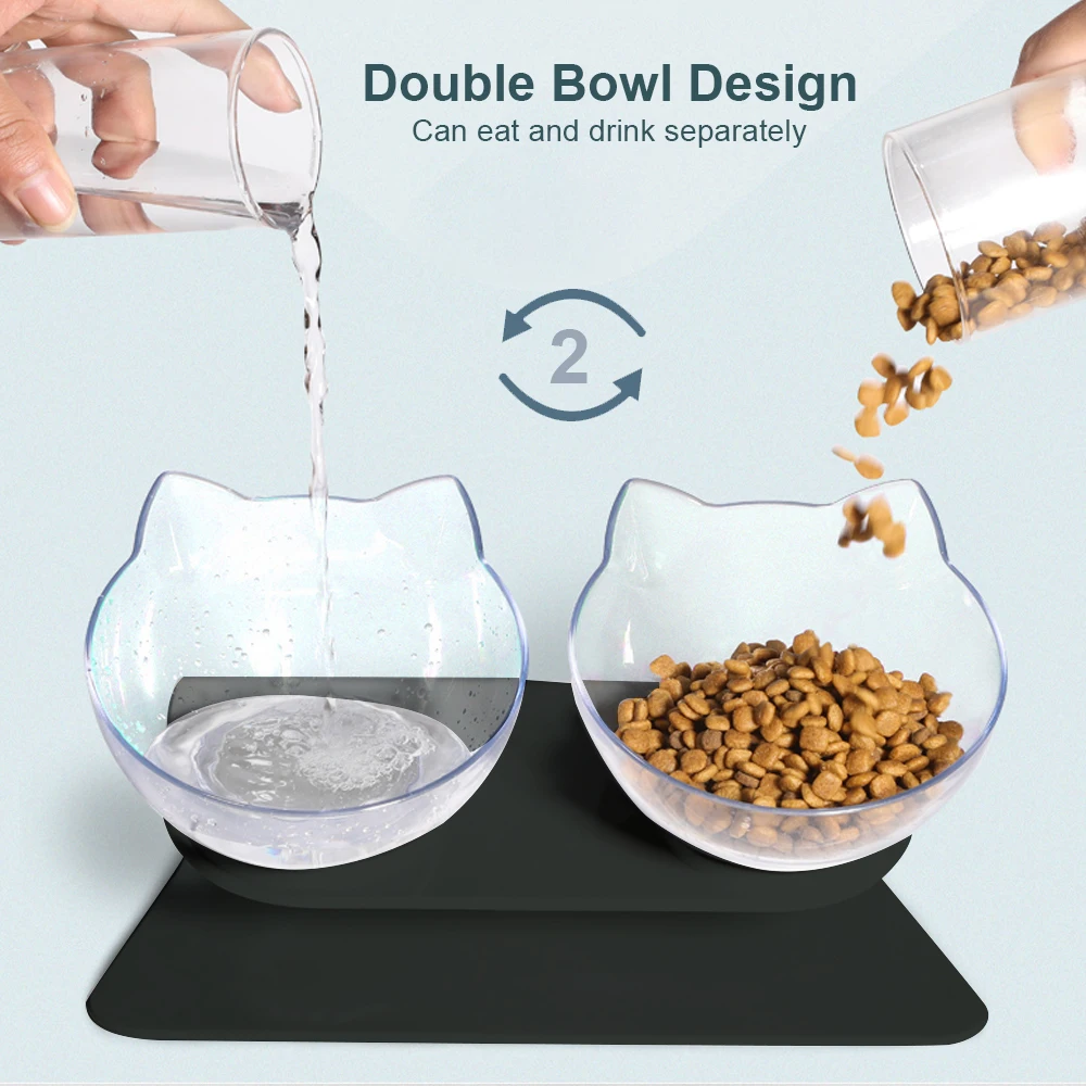 

New Hot Explosive Cat Double Bowl Cat Bowl Dog Bowl Transparent AS Material Non-slip Food Bowl Cat Shape Cute Bowl