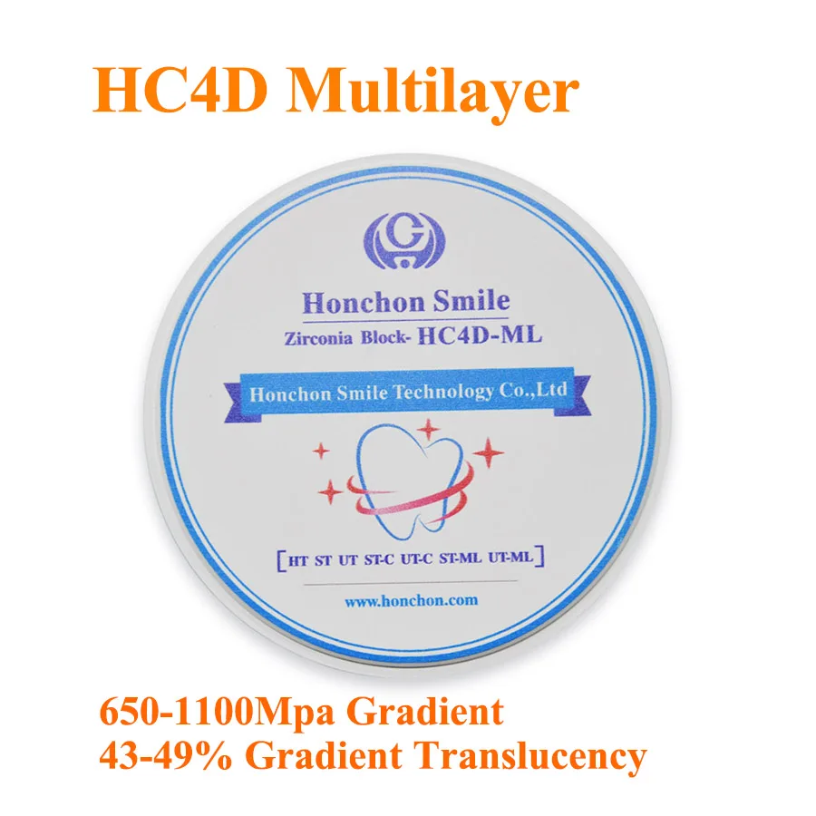 

1 Piece HONCHON 4D Multilayer Zirconia , 650-1100Mpa in One Disc 98*12/14/16mm