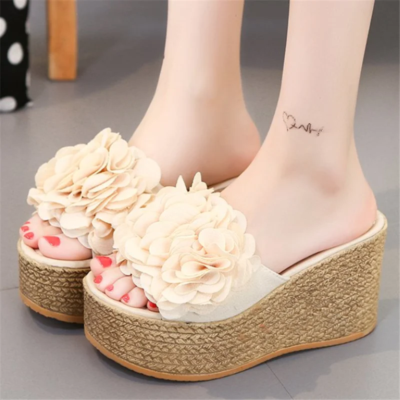 Sandalias cuña con punta abierta para zapatos de tacón alto con plataforma de 9cm, informales, con flores, para playa, 2021 - AliExpress