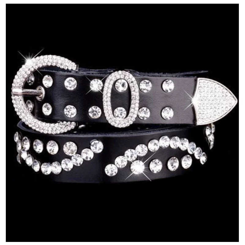 Western Bright Rhinestone White Black Coffee Red Leather Thin Women Belt Fashion Round Pin Buckle Jeans Women Belt white glo полоски отбеливающие угольные bright nights charcoal 5