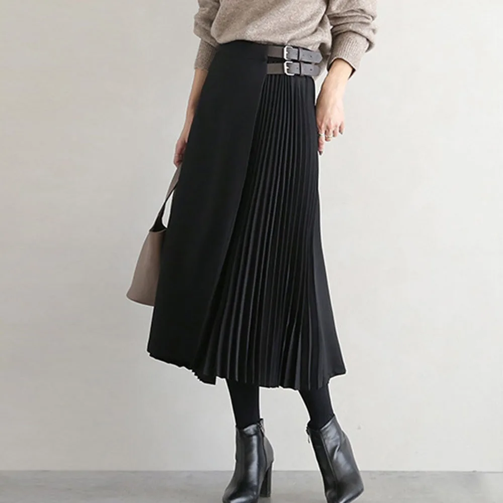 

Chiffon Pleated Skirt Women 2020 Korean Fashion High Waist Belted Solid Gothic Midi Long Skirts Casual Preppy Style 5 Colors