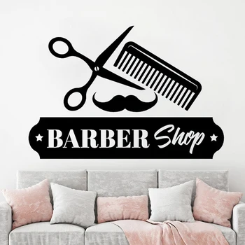 

Barbershop Logo Wall Sticker Vinyl Bedroom Room Quote Barber Haircut Shop Scissors Comb Mustache Home Decor Art Decal HY362
