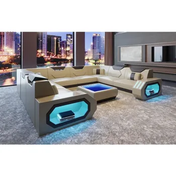

LED light living room leather couch sofa