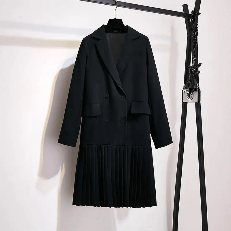 Большой размер, женский осенний Черный Длинный блейзер, платье, пальто для офиса, Женская рабочая одежда, плиссированное платье, блейзер, костюм для полной красоты - Цвет: Black