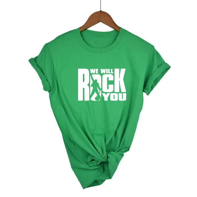 We Will Rock You Женская Футболка Летний стиль королева рок группа футболка короткий рукав хлопок рок-ролл женские топы - Цвет: Green-W